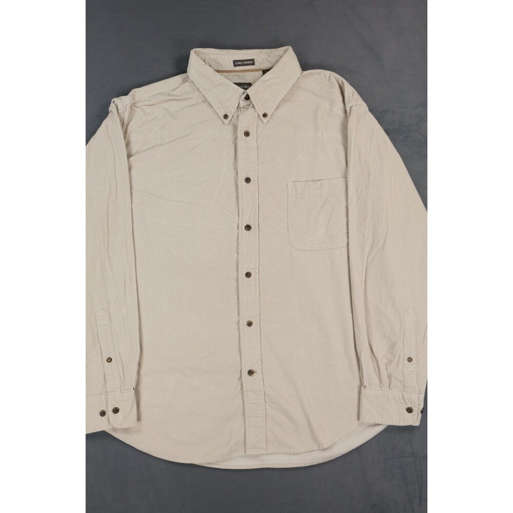 St Johns Bay Mens L Beige Corduroy Shirt Button Up Long Sleeve Fine Wale Cotton